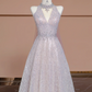 Light pink V-neck fitted A-line skirt rhinestone long ball gown/bridal dress R8292