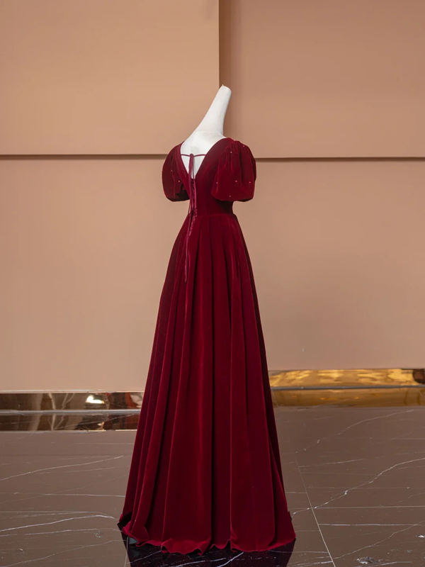Red puff-sleeved V-neck fitted long ball gown/bridal dress R8497