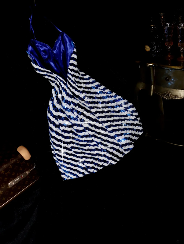 Blue and white striped sequined halter neck sexy short ball gown R6981