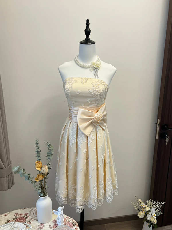 Apricot tube top waist slimming sexy elegant mid-length skirt homecoming dress R4360