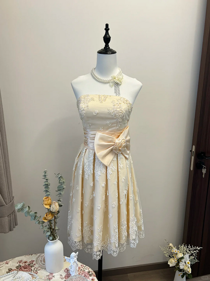 Apricot tube top waist slimming sexy elegant mid-length skirt homecoming dress R4360