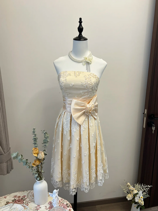 Apricot tube top waist slimming sexy elegant mid-length skirt homecoming dress R4360