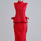 Red sleeveless fitted waist top and sexy bodycon skirt set for a ballroom gown R8176