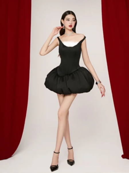 Black suspenders waist slim fit high-end flower bud satin skirt short skirt homecoming dress R4482