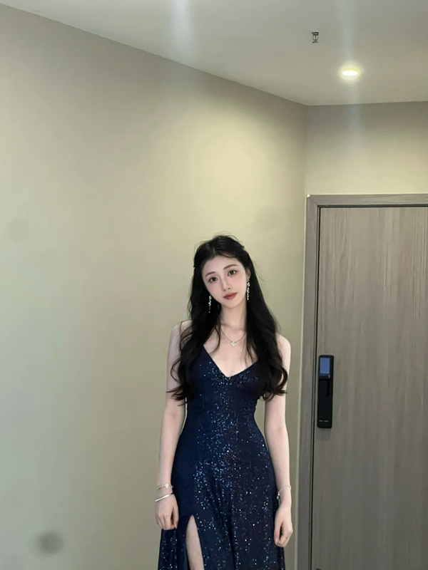 Navy blue suspender waist slim fit sexy sequined slit long skirt prom dress R6103