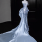 Light blue tube-top sequined diamond-studded waist slim-fitting hip-hugging maxi skirt, prom dress R5631