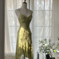 Light green halter-neck fitted midi ball gown with an asymmetrical hem R7697