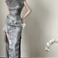Gray sleeveless Chinese‑collar waist‑cinched slim‑fit bodycon elegant slit prom gown R8007