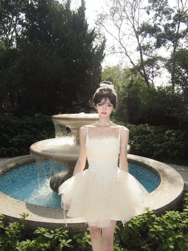 White suspender satin waist slim elegant tulle skirt homecoming dress R5089