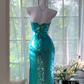 Lake blue strapless, fitted waist, sequined, bodycon long ball gown R7617
