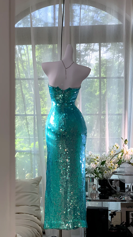 Lake blue strapless, fitted waist, sequined, bodycon long ball gown R7617