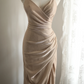 Champagne-colored halter-neck, fitted waist, and pleated sexy ball gown R6821