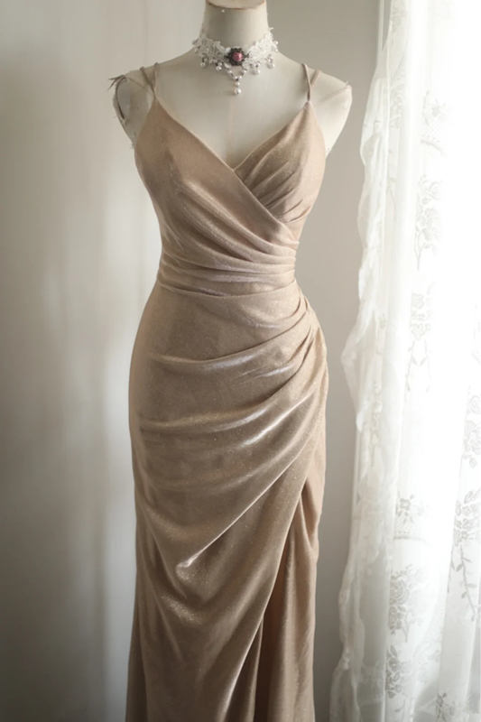 Champagne-colored halter-neck, fitted waist, and pleated sexy ball gown R6821