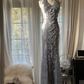 Silver halter neck, fitted waist, bodycon, sexy, high-end long ball gown R7737