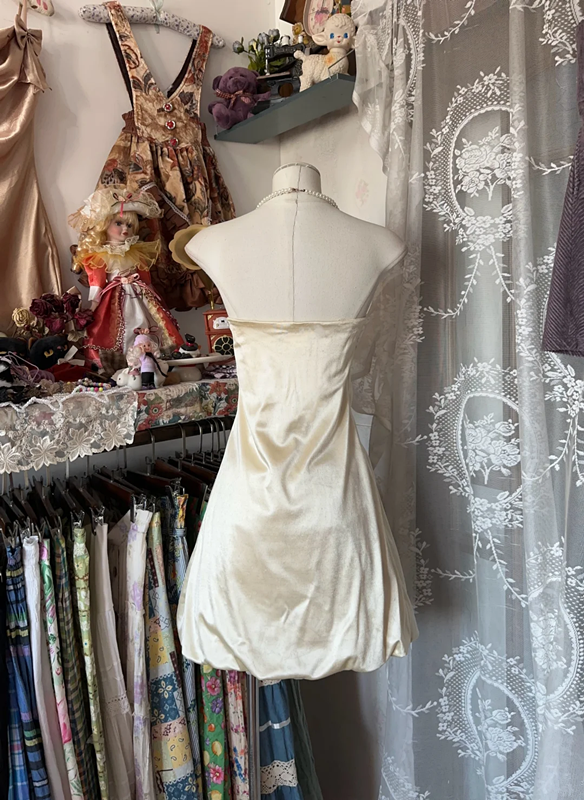 Champagne-colored strapless, fitted waist cute short dress, prom dress R6262