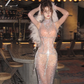 White rhinestone-embellished nude-colored fitted long ball gown R7061