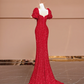 Red square neckline, fitted waist, slimming and sexy long ball gown R8407