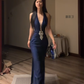Navy blue halter neck, fitted waist, bodycon mermaid long ball gown R7888