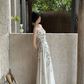 White-based pink floral print spaghetti strap waist-cinched slim-fit long elegant prom dress R7956