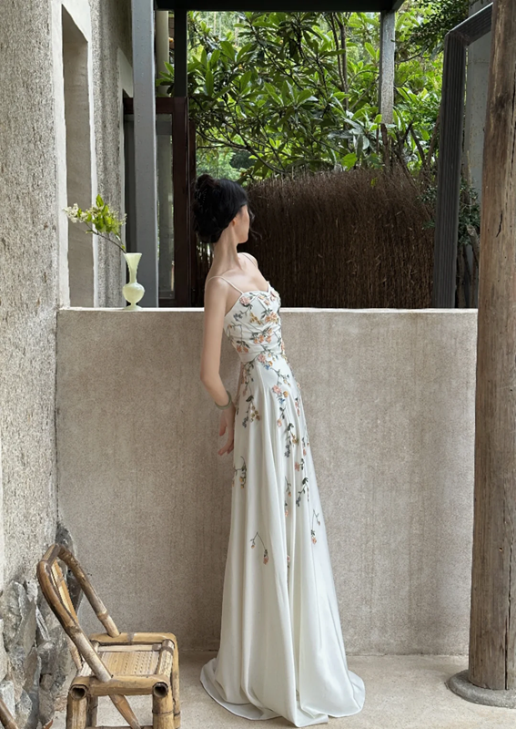 White-based pink floral print spaghetti strap waist-cinched slim-fit long elegant prom dress R7956