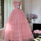 Pink strapless, fitted waist, puffy cake skirt, long ball gown R7768