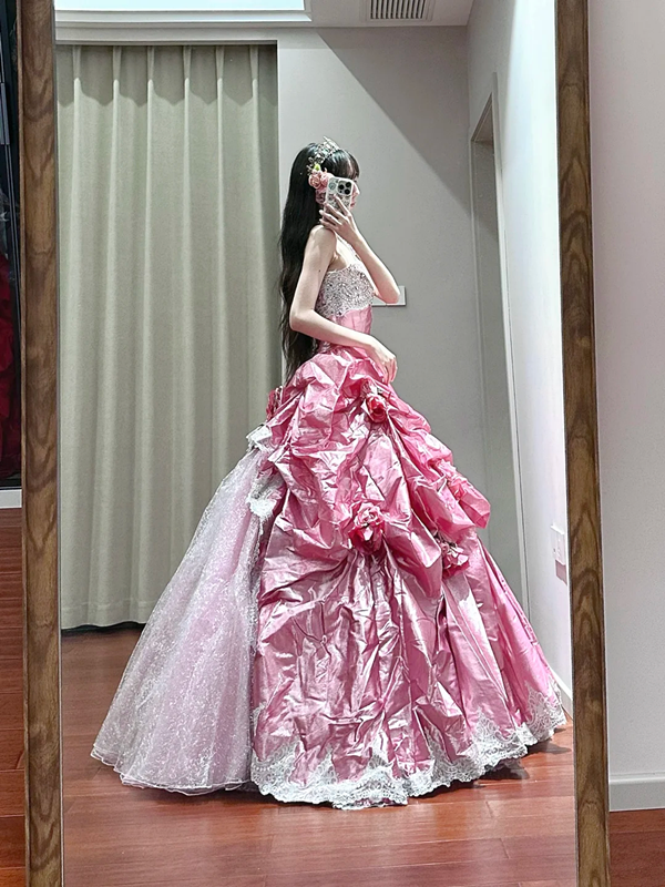 Pink strapless fitted waist slim-fitting ball gown/bridal dress R8625