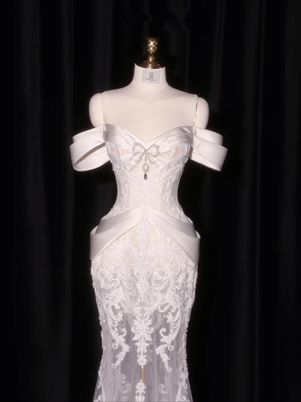 White off-the-shoulder fitted waist bodycon long ball gown/bridal dress R8928