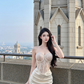 Champagne-colored halter-neck fitted bodycon long ball gown R7541