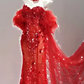 Red Off-the-Shoulder Waist-Cinched Slim-Fit Long Ball Gown R7141