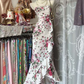 White floral print strapless fitted long ball gown R7809