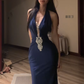 Navy blue halter neck, fitted waist, bodycon mermaid long ball gown R7888