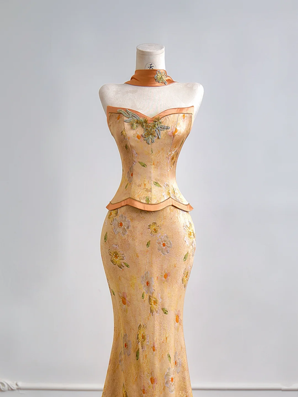 Gold strapless fitted top and hip-hugging sexy skirt set, long ball gown R8155