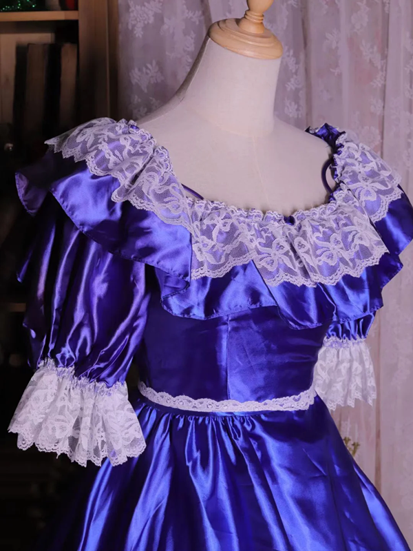 Blue square-neck floor-length ball gown with a cinched waist and slim fit; bridal gown R7294