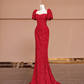 Red square neckline, fitted waist, slimming and sexy long ball gown R8407