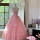 Pink strapless, fitted waist, puffy cake skirt, long ball gown R7768
