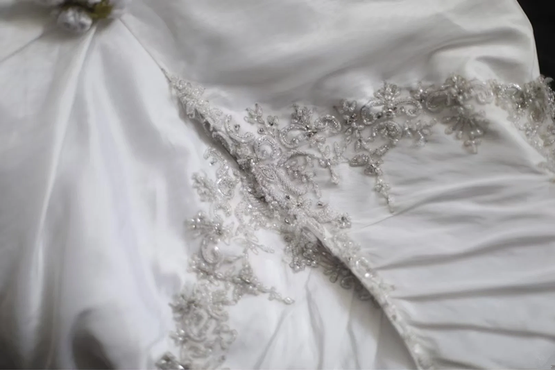 White strapless fitted waist long embroidered ball gown R6702