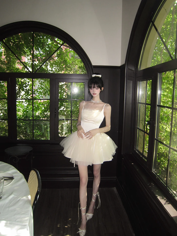 White suspender satin waist slim elegant tulle skirt homecoming dress R5089