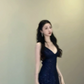 Navy blue suspender waist slim fit sexy sequined slit long skirt prom dress R6103