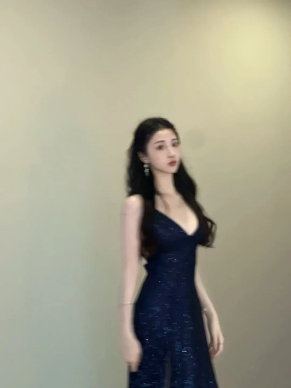 Navy blue suspender waist slim fit sexy sequined slit long skirt prom dress R6103