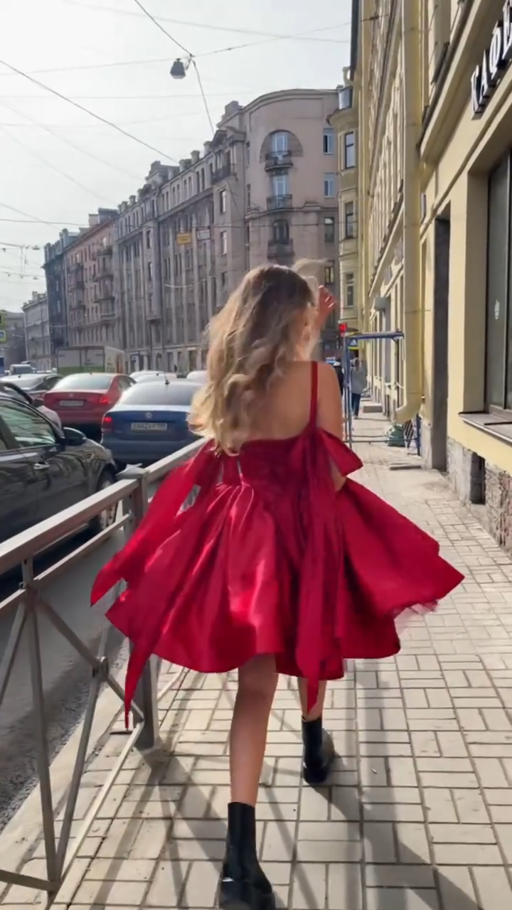 Red suspender waist puffy princess skirt homecoming dress R5591