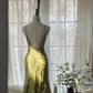 Light green halter-neck fitted midi ball gown with an asymmetrical hem R7697