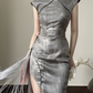 Gray sleeveless Chinese‑collar waist‑cinched slim‑fit bodycon elegant slit prom gown R8007