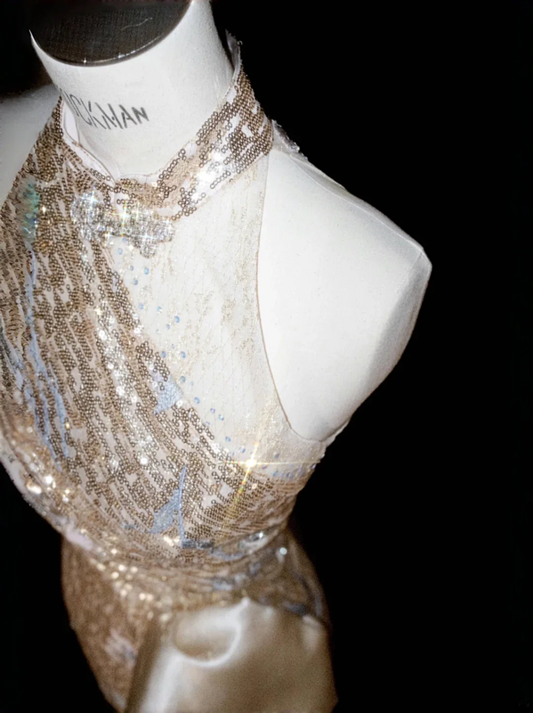 Gold sequined sleeveless slim waist hip-hugging sexy long skirt, prom dress R5667