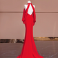 Red halter-neck, fitted waist, backless, sexy long ball gown/bridal dress R8382