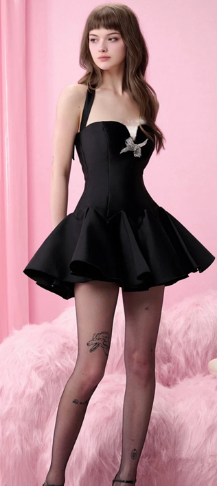 Black halter neck tube top slim waist sexy A-line long skirt homecoming dress R4440