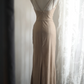 Champagne-colored halter-neck, fitted waist, and pleated sexy ball gown R6821