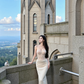 Champagne-colored halter-neck fitted bodycon long ball gown R7541