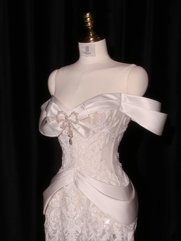 White off-the-shoulder fitted waist bodycon long ball gown/bridal dress R8928