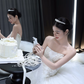 White strapless lace waist slim fit puffy skirt tulle bridal dress R6043