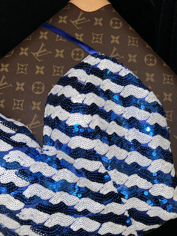 Blue and white striped sequined halter neck sexy short ball gown R6981